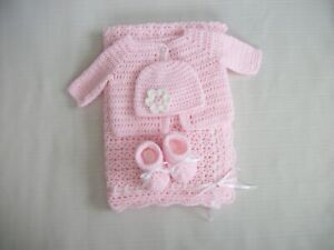 Crochet Baby Set- Blanket Sweater Hat Booties Infant 0-3m Handmade Shower Gift