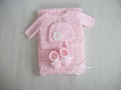 Crochet Baby Set- Blanket Sweater Hat Booties Infant 0-3m Handmade Shower Gift - Image 1 of 4