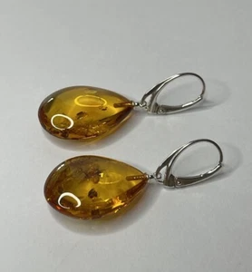 BALTIC AMBER Silver Earrings.Cognac Amber Stone Earrings with Sterling Silver - Picture 1 of 8
