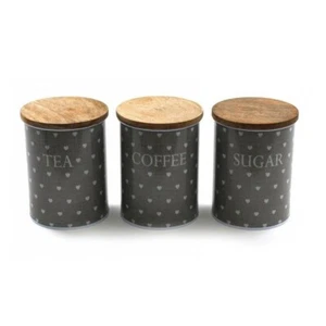 Set of 3 Metal Tins Heart Tea, Coffee and Sugar Tins with Wooden Lid, Brown - Picture 1 of 1