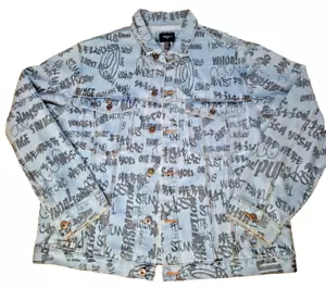 Forever 21 Men's Graffiti Print Denim Jacket - Size XL - Streetwear Style - Picture 1 of 11