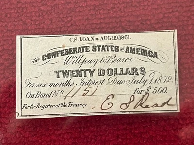 1872 $20 Twenty Dollars CSA CONFEDERATE STATES OF AMERICA Bond Coupon - Image 1 of 2