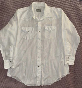 Vintage H Bar C White Pearl Snap Western Cowboy Rockabilly Shirt Sz 17 x 33, L - Picture 1 of 7