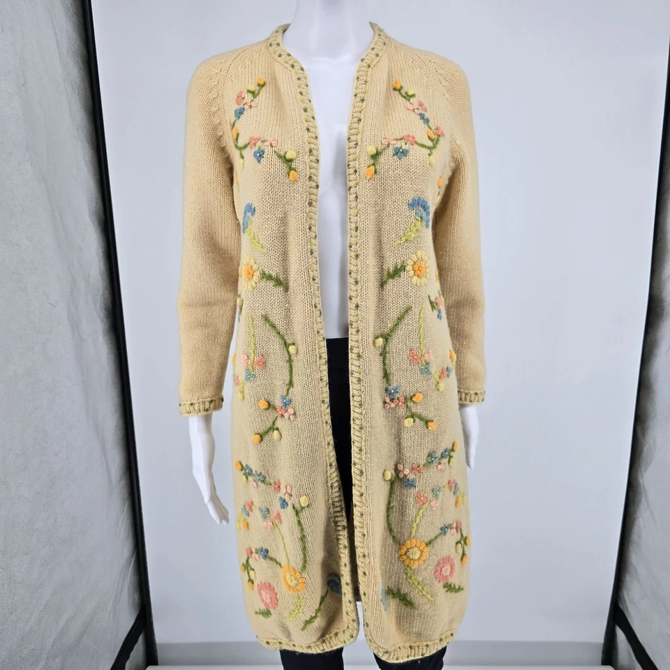 Vintage 1970s Nat Allen Women's Virgin Wool Hand Embroidered Floral Cardigan - Image 1 of 4
