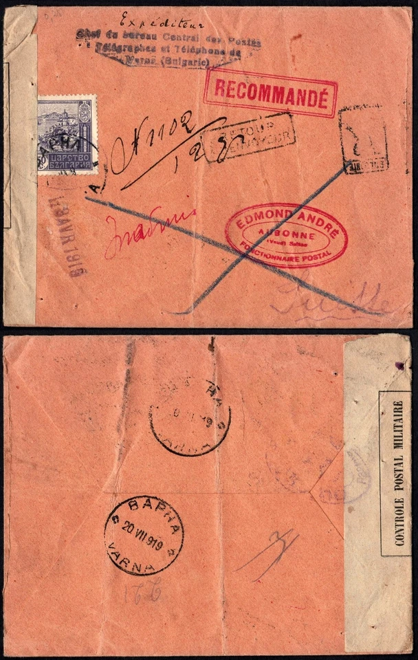 Bulgaria 1919 Registered Cover, Varna to Switzerland, Military Censor, Rare - Image 1 of 3
