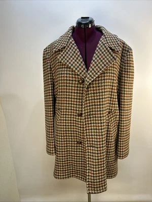 Vintage Woolrich Houndstooth Over-Coat Womens 14 Brown Red Wool Button Up 1960s - Image 1 of 4