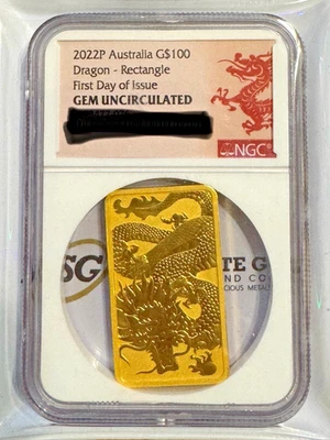 2022 Dragon 1oz .9999 GOLD Rectangular $100 Dollar Bar COIN NGC Gen first day  - Image 1 of 4