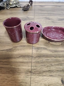 Burgandy And Gold Marble Look Bathroom Set Toothbrush Holder Cup Soap Dish - Picture 1 of 10