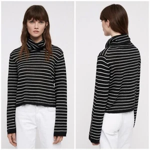 All Saints Marty Rollneck Striped Knit Jumper Sweater Mohair Black White Sz M - Picture 1 of 8
