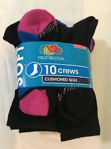 New Fruit of the Loom Womens Soft Cushioned Sole Crew Socks 10 Pack 4-10, Black