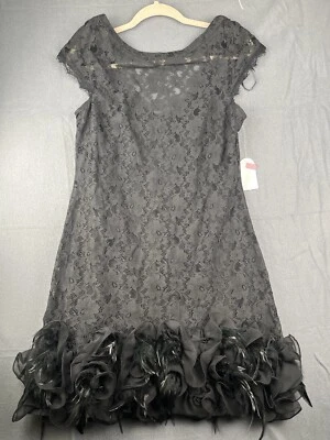 Jessica Simpson Black Lace Dress Goth Emo Rose/Feather Trim Style Sz 12 - Image 1 of 4