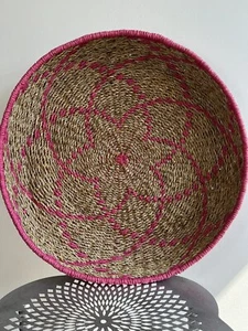 Woven Rattan Decorative Bowl Basket Pink Room Home Decor Display 18" Wide - Picture 1 of 12