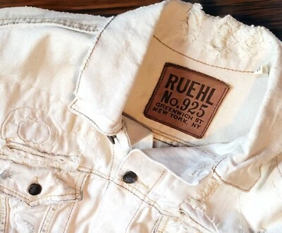 Antigo Ruehl No. Jaqueta jeans branca desgastada 925 desfiada à perfeição GG - Imagem 1 de 4