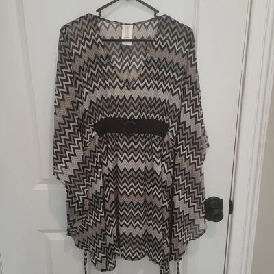 Top túnica Perry Ellis talla L negro beige gris estampado chevron cuello en V lazo trasero  Foto 1 de 4