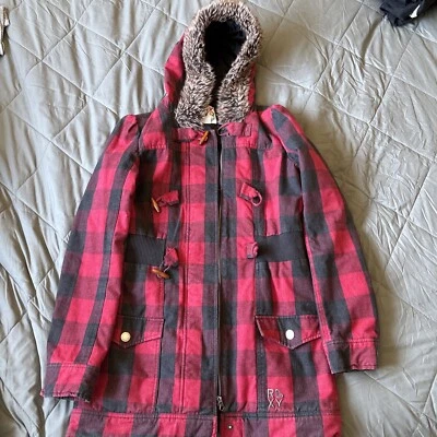Roxy Juniors Large Plaid Buffalo Red Coat Hoodie Casual Jacket Faux Fur - Image 1 of 4