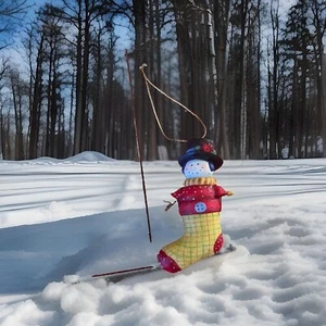 Christmas Hanging Ornament Snowman In Stocking Ceramic 4 Inches Tall Red Yellow - Picture 1 of 2