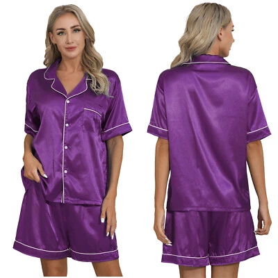 Women Satin Pajamas Set Short Sleeve Button Shirt with Shorts Silky Nightwear - Image 1 of 4