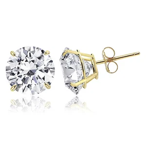 Pendientes de tachuelas de zirconio redondo de oro liso de 14 K de corte solitario cúbico empuje hacia atrás - Imagen 1 de 3