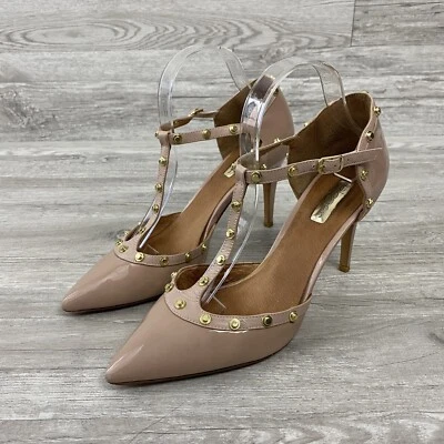 Tacones de aguja halógenos Martine con correa en T tachonados talla 9,5 de cuero beige Foto 1 de 4