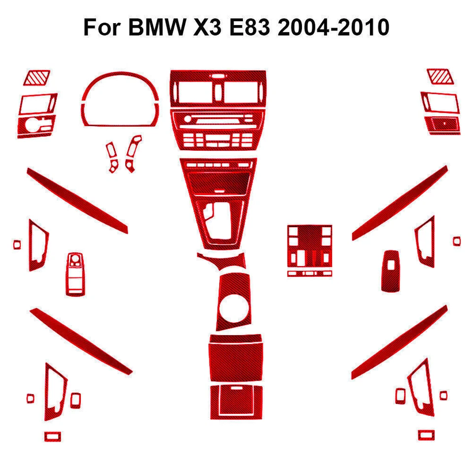 For BMW X3 E83 2004-2010 Red Carbon Fiber Car Full Interior Kit Cover Trim 53Pcs — 第 1/4 张图片