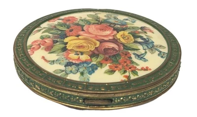 Antigua caja compacta en polvo floral rosa con tocador espejo decoración Foto 1 de 4