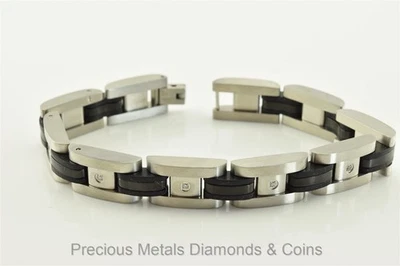 Men`s Heavy Stainless Steel Rubber Diamond Bracelet By Bi 8.5" 61g - Image 1 of 4