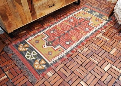 Wool Jute Kilim Rug  Bohemain Indian Jute Rug Nordic Kilim Rug Rustic Jute Rugs - Image 1 of 4