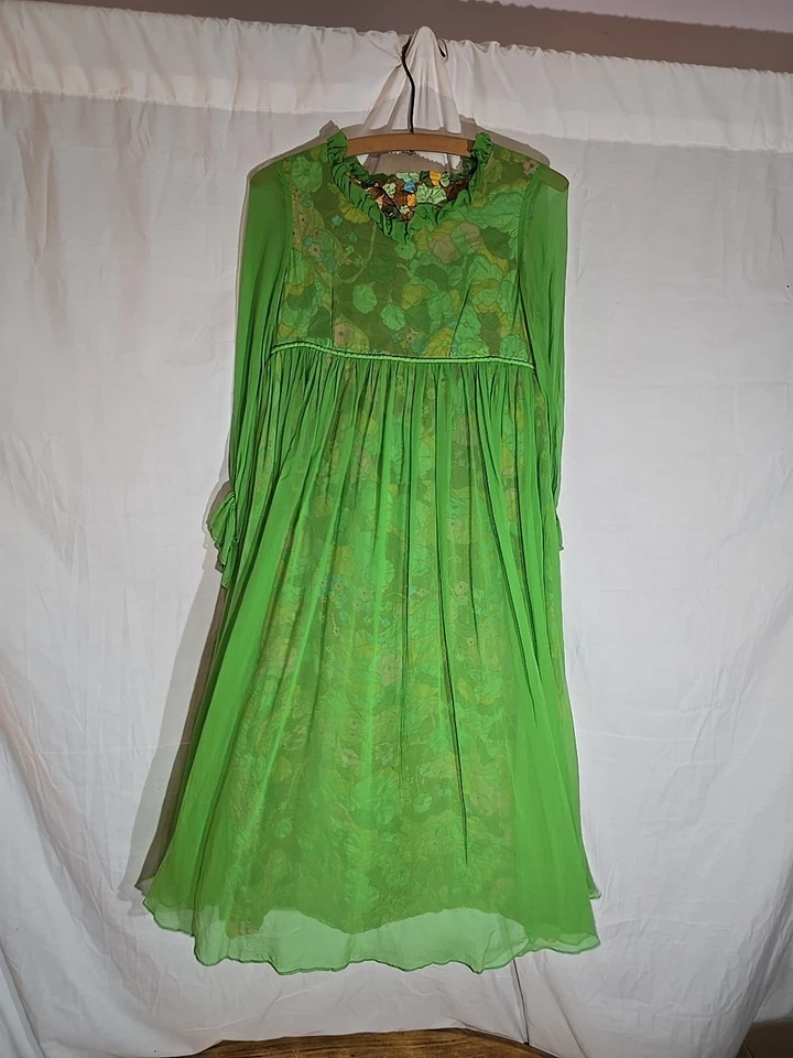 1960s Evening Gown Green Shear Psychedelic Bell Sleeve Mod Dress size Medium  - Image 1 of 4