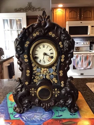 Antiguo 1854 American Clock Co CARA FRONTAL DE HIERRO FUNDIDO Reloj de Manto Madre Perla NY Foto 1 de 4