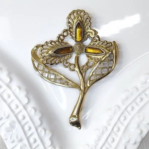 Broche de filigrana flor Little Nemo vintage años 50 tono dorado vidrio amarillo 3,4" - Imagen 1 de 10