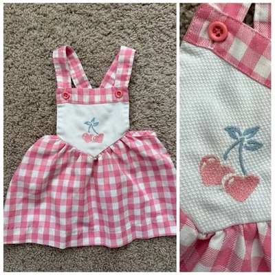 Vintage Health-Tex Pink White Gingham Cherry Skirt Overall 2T - Image 1 of 4