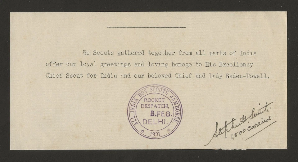 1937 - Boy Scout Jamboree - India Rocket Mail Message of Welcome  Hand Stamp - Image 1 of 1