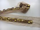 1 Yd Beige Beaded Mesh With Golden Stone Beads 