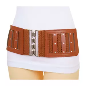 Women Brown Color Stripes Elastic Wide Fashion Belt Silver Buckle Adjustable S M - Picture 1 of 24