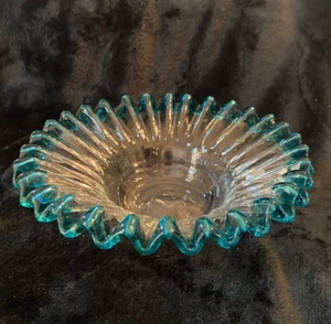 Vintage Clear Hand Blown Glass Bowl w/Blue Edge..Scalloped Ruffle Mermaid - Picture 1 of 3
