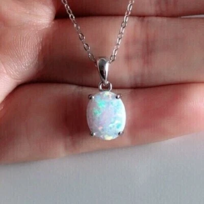 Colgante solitario para mujer 2 quilates corte ovalado ópalo de fuego simulado chapado en oro blanco de 14 k Foto 1 de 4