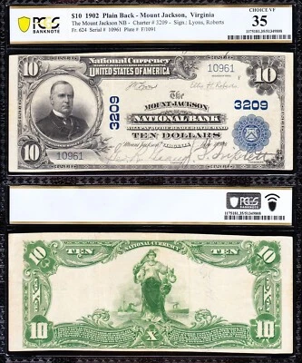 Amazing *RARE* Choice VF++ 1902 $10 MOUNT JACKSON, VA National! PCGS 35! 10961 - Image 1 of 3