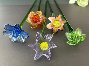 Set of 5 - 19" Long Stem Amethyst & Blue Glass Flowers-Murano Hand Blown Art #18 - Picture 1 of 20