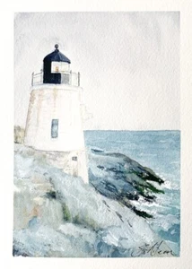 Watercolor Painting Landscape Sea Castle Hill Lighthouse Newport RI Signed 5x7" - Picture 1 of 3