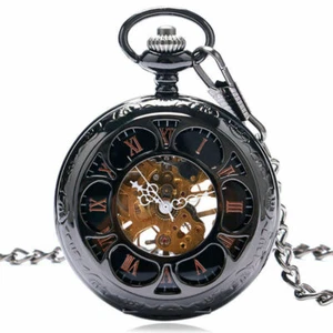 Steampunk Mechanical Handwinding Flower Cover Pocket Watch Chain Roman Number - Picture 1 of 7