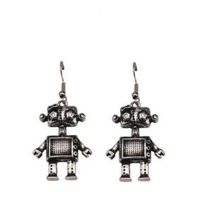 Super cute antique silver coloured robot dangle earrings - Picture 1 of 4