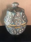 Vintage Moroccan Ceramic Jar/Vase/Urn With Lid Hand Painted w/ Silver Filigree 