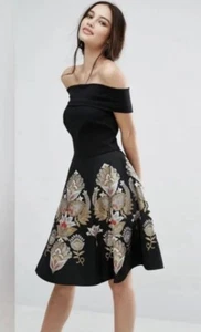 TED BAKER LONDON OPULENT ORIENT BARDOT DRESS SIZE 3 (Aus 12), Black, Gold & Red - Picture 1 of 11