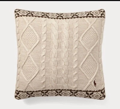 RALPH LAUREN 1pc CRESCENTWOOD  CABLE KNIT TAN/BROWN DECO PILLOW 20” sq  NWT $180 - Image 1 of 4