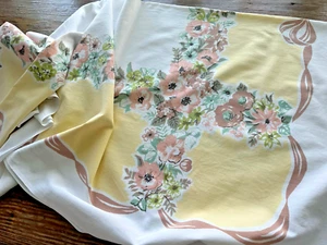 A+ Cotton Floral Print Vintage Tablecloth Butter Yellow Peach Green Taupe 52X66 - Picture 1 of 9