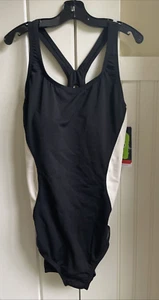 Speedo Women's Racerback SwimSuit, Jet Black with Creamy White side panels, Sz 8 - Picture 1 of 7