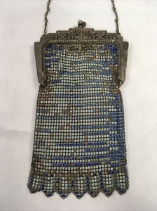 Flapper Bag Enamel Whiting Davis Blue & Gold Chain Link Enamel Antique - Picture 1 of 12