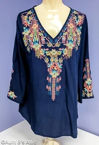 Pullover casual stile tunica ricamato donna rayon boho blu navy collo a V medio - Foto 1 di 6
