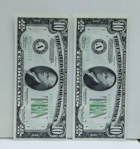 (2) 1934 $10 FRN Lime Green Seal Unc Consecutive 32, 33 - Picture 1 of 2