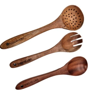 Wooden Spoon Fork Strainer 3 Pcs Utensils Viet Global Salad Vegetables 10"-11" - Image 1 of 4
